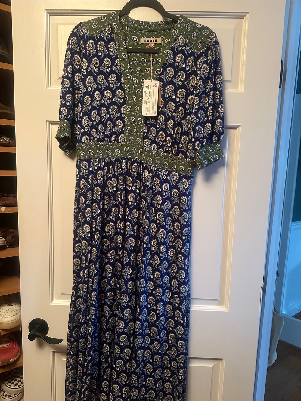 Boden Lily Blue Floral Print Midi Dress with Green Trim - Picture 2 of 3